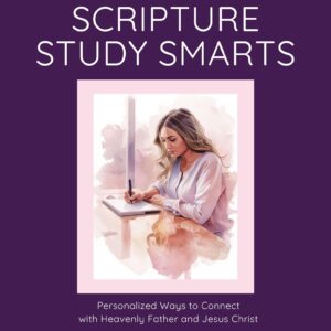 Book cover titled "The Simple Toolkit: Scripture Study Smarts" with a watercolor illustration of a woman writing, bordered in pink on a purple background.