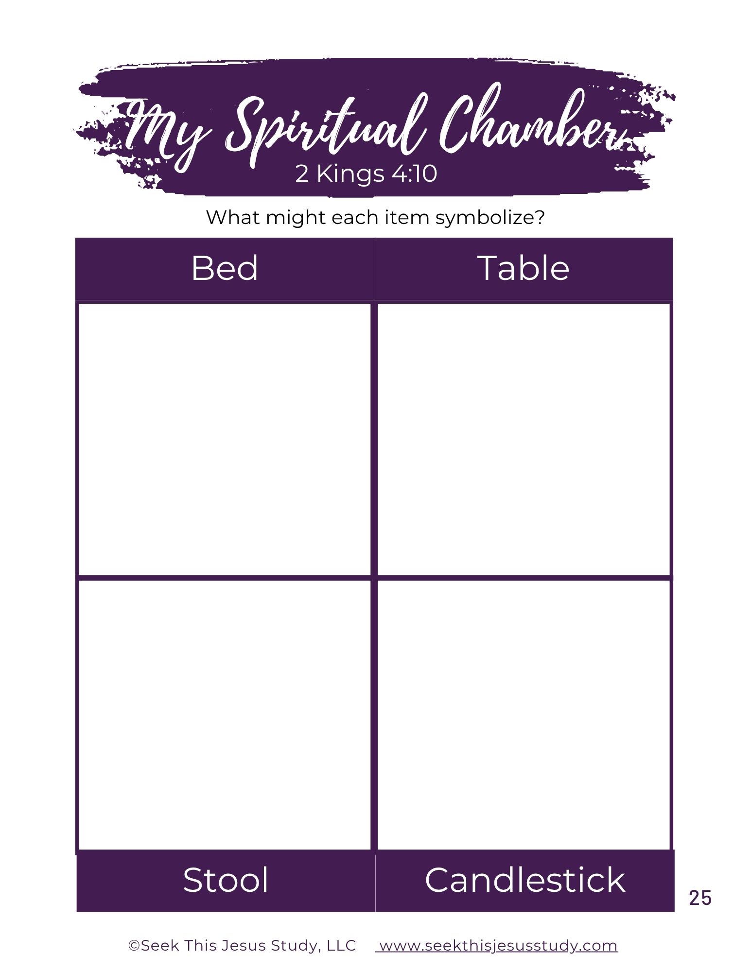 Worksheet cover: 'My Spiritual Chamber' with '2 Kings 4:10', prompt 'What might each item symbolize?' and a two-column grid labeled 'Bed' and 'Table' with a bottom row showing 'Stool' and 'Candlestick'.