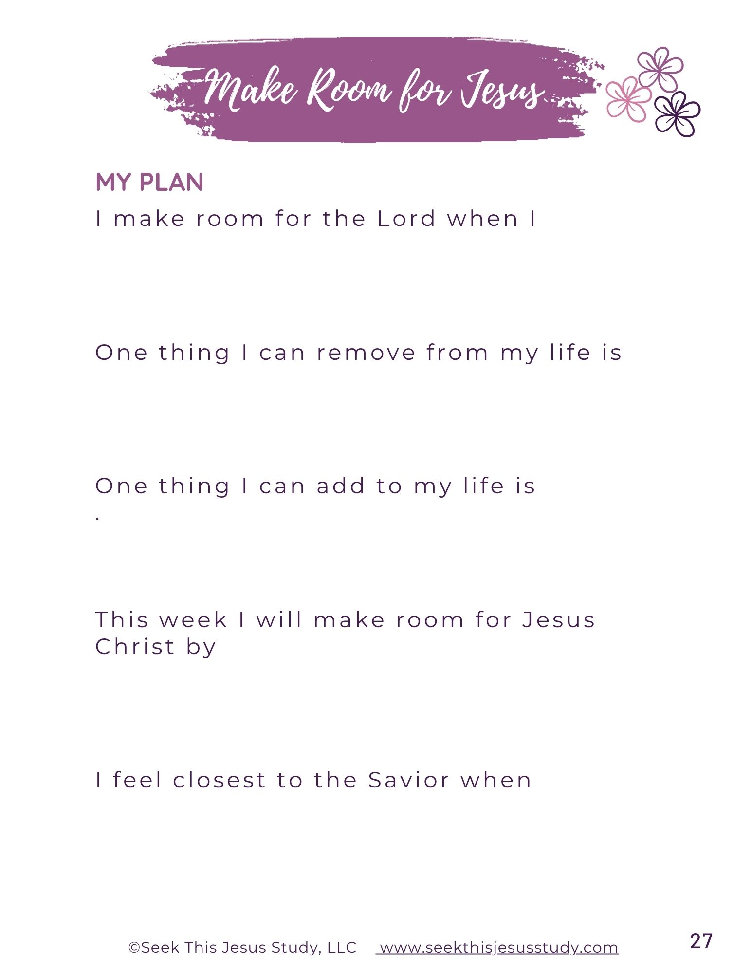 Devotional page with a purple brush header 'Make Room for Jesus' and a 'My Plan' section about making room for the Lord; includes prompt lines and floral accents.