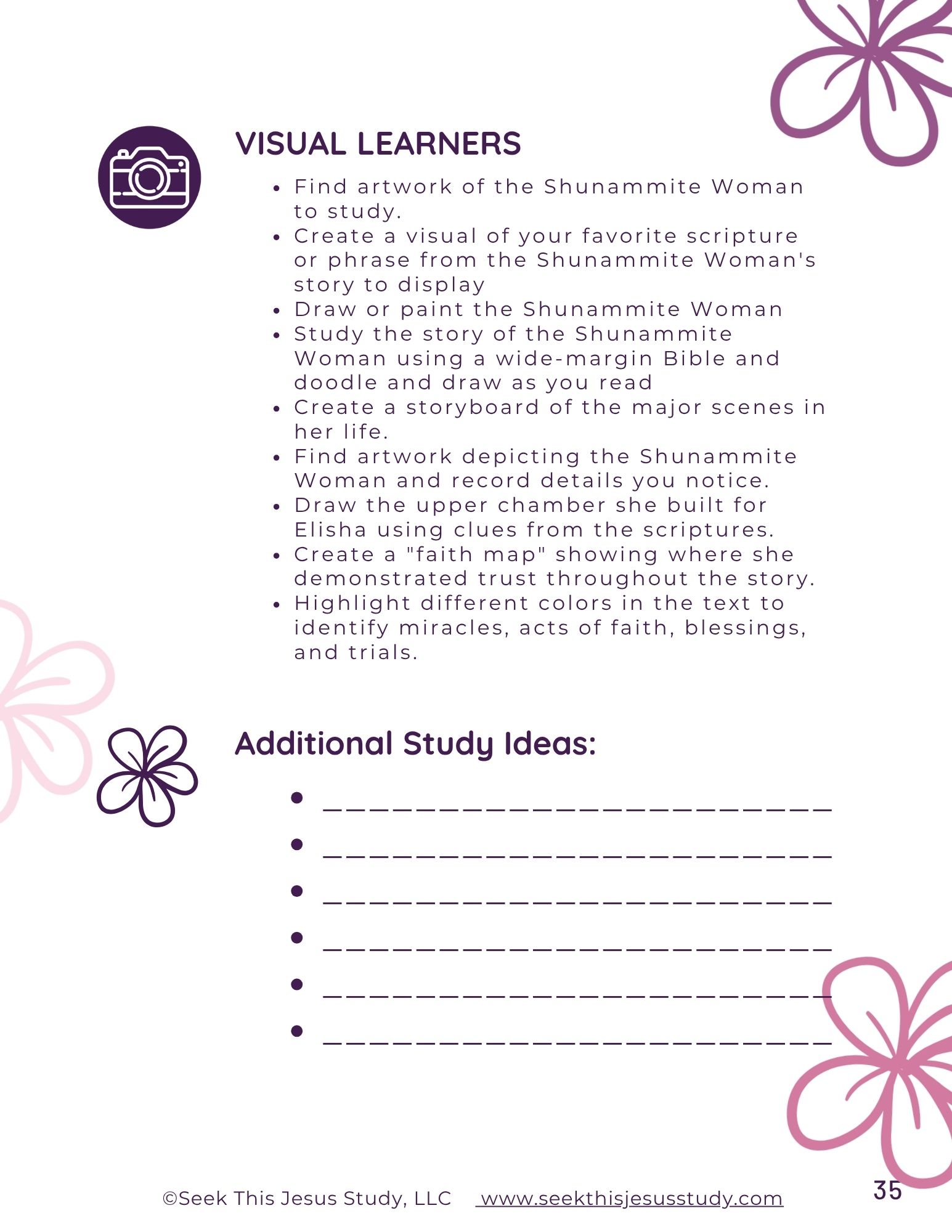 Illustrated page featuring a header 'VISUAL LEARNERS' with a camera icon on the left, a bullet list of study ideas about the Shunammite Woman, decorative purple flowers around the margins, and a © Seek This Jesus Study footer with the website.