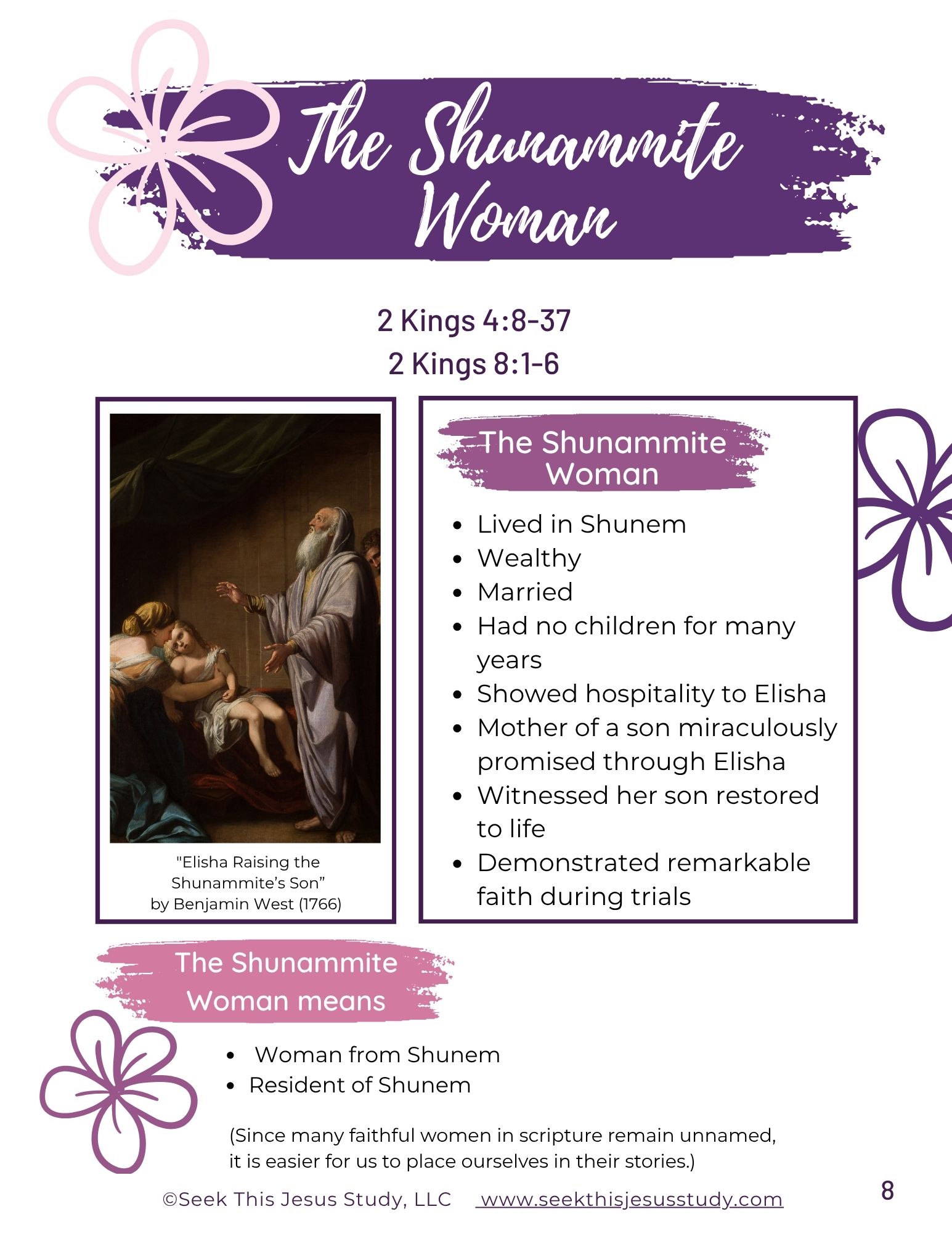 Infographic about The Shunammite Woman with a purple brush banner, flower decorations, and a painting of Elisha raising the son alongside bulleted facts.