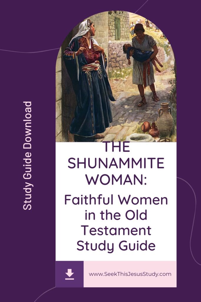 Book cover for 'The Shunammite Woman: Faithful Women in the Old Testament Study Guide' showing a woman in a colorful robe and a man carrying a child against a purple background with an arched image above the title.