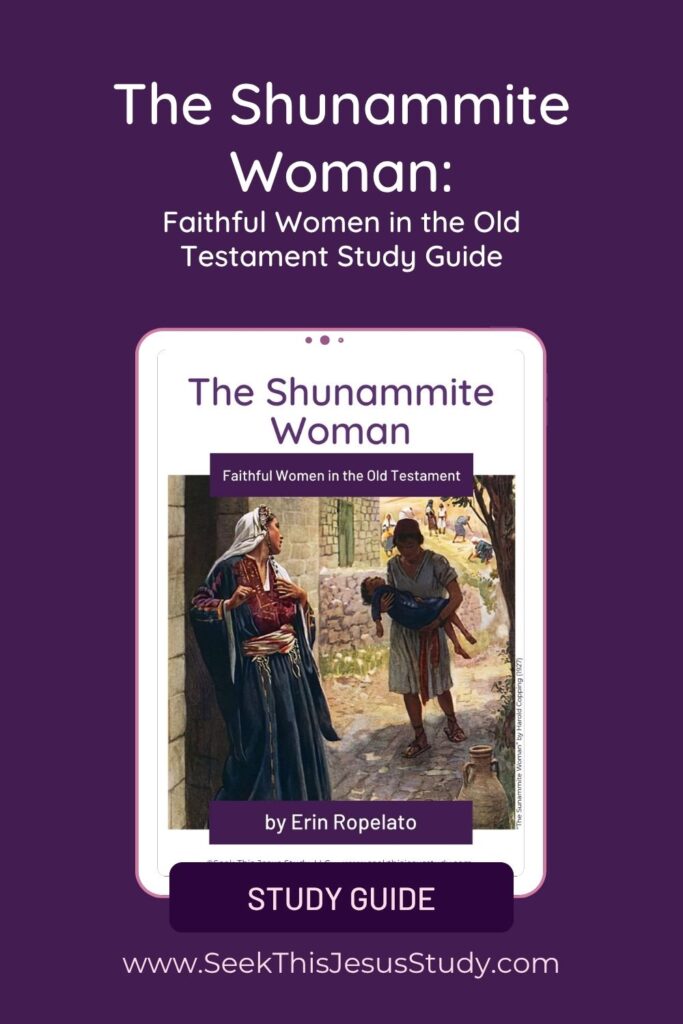 Purple background study-guide promo: 'The Shunammite Woman' on a tablet image with biblical scene, by Erin Ropelato.