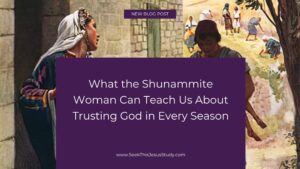 Blog post hero banner with purple overlay displaying the title about the Shunammite woman and trusting God, set against a biblical mural background
