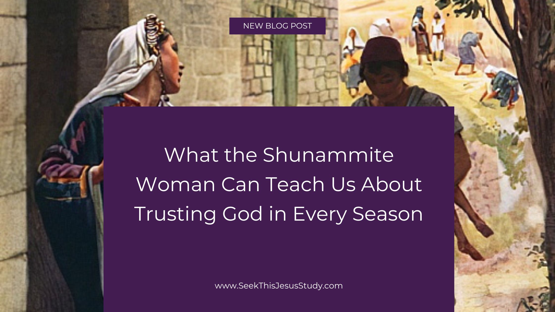Blog post hero banner with purple overlay displaying the title about the Shunammite woman and trusting God, set against a biblical mural background