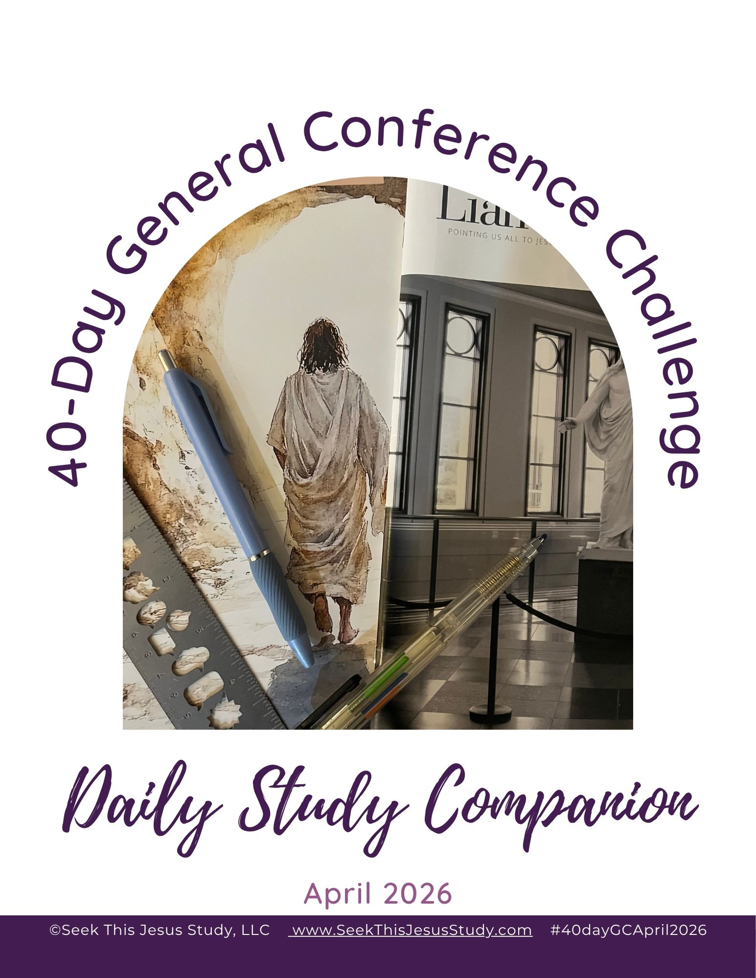 Cover announcing a 40-Day General Conference Challenge with study tools (pencil, ruler) and 'Daily Study Companion' for April 2026.