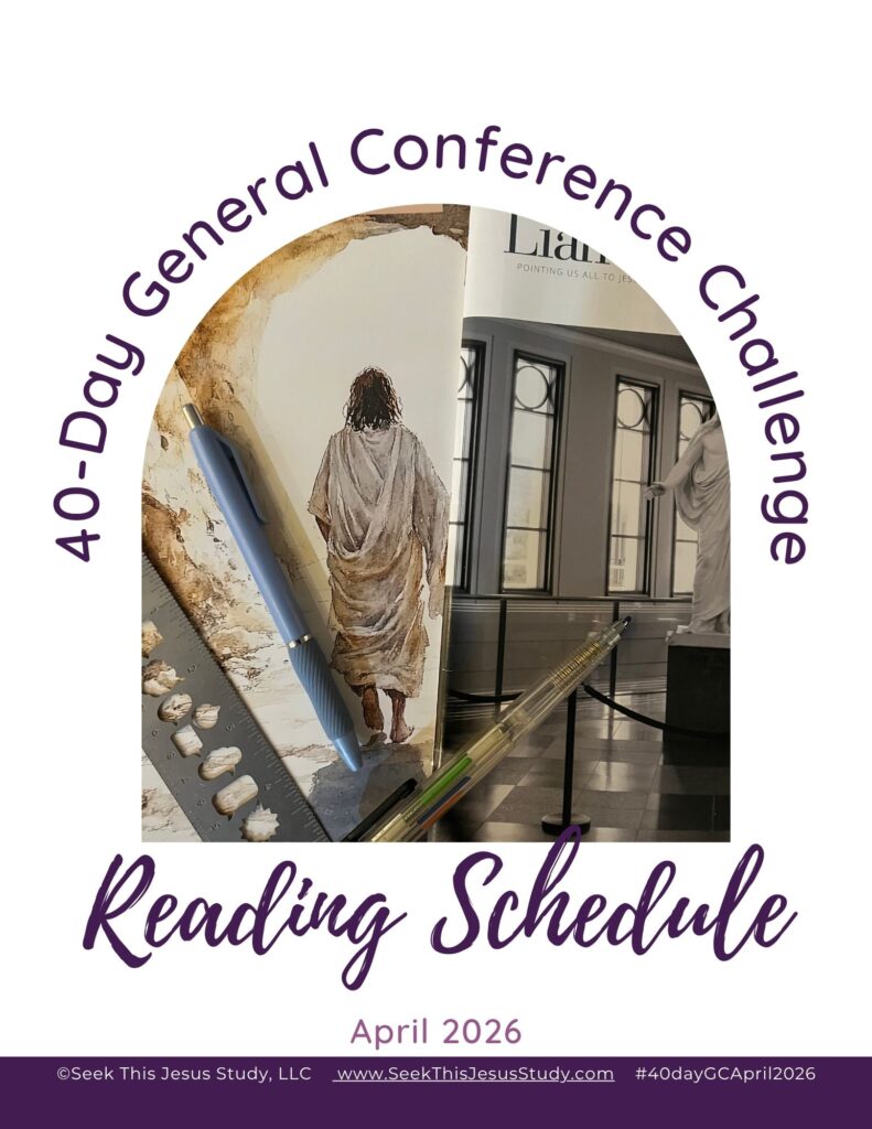 Cover image for a 40-day General Conference Challenge Reading Schedule, April 2026, featuring arc text and a composition with art supplies and a statue image.