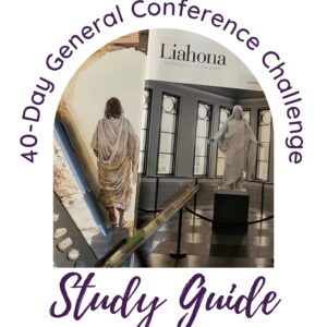 Study Guide cover for the 40‑Day General Conference Challenge with a circular purple title surrounding a photo of a statue, papers, and drafting tools (April 2026).