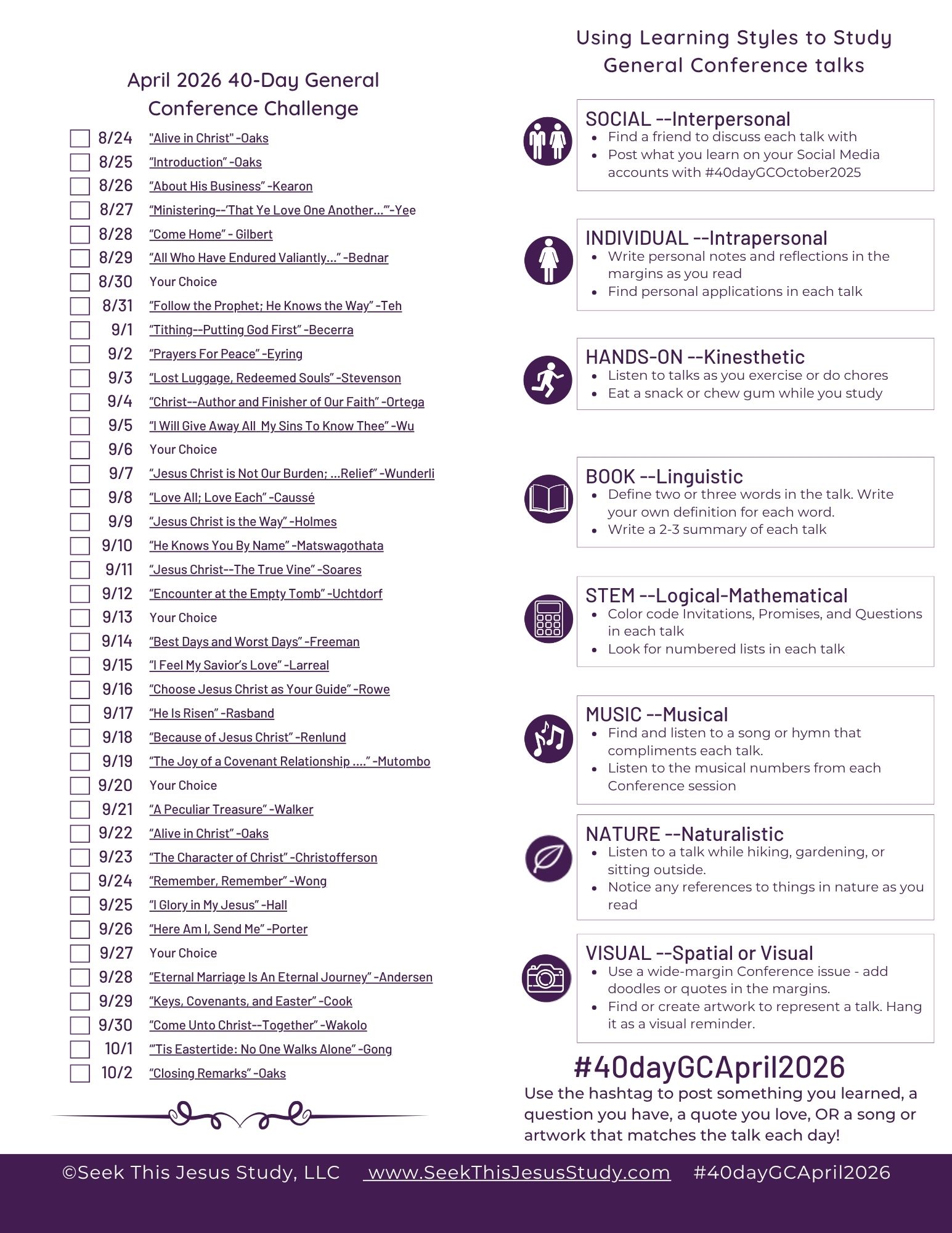 Poster-style schedule for April 2026 40-Day General Conference Challenge with checkboxes and daily talk titles on the left; right side lists study tips by category (Social, Intrpersonal; Hands‑On; Book; etc.) with icons and bullet points; bottom shows website and hashtag.
